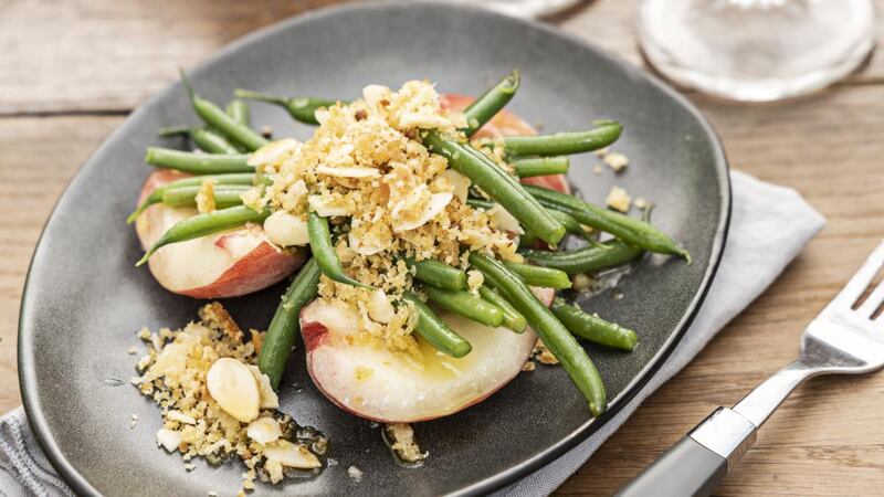 French bean, peach and roasted almond crumble. Photograph: Harry Weir