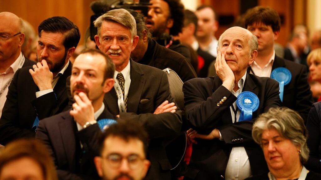 Supporters of the British Conservative Party react during the count at Wandsworth Town Hall after local government elections in London, Britain. Photograph: Henry Nicholls/Reuters