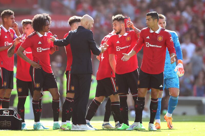 Manchester United manager Erik ten Hag talks with Christiano Ronaldo during the pre-season friendly against Rayo Vallecano. Photograph: Jan Kruger/Getty Images