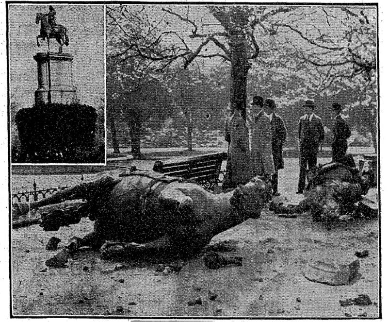 A sculpture of George II lies destroyed by an explosion in Stephen’s Green, May 13th, 1937 (inset: the statue as it previously stood). Photograph: The Irish Times