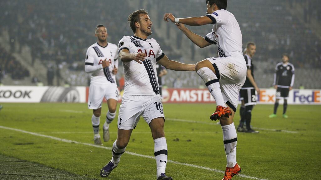 Harry Kane celebrates after scoring the first goal for Tottenham Hotspur against Qarabag in their Europa League clash. Photo: Peter Cziborra/Reuters