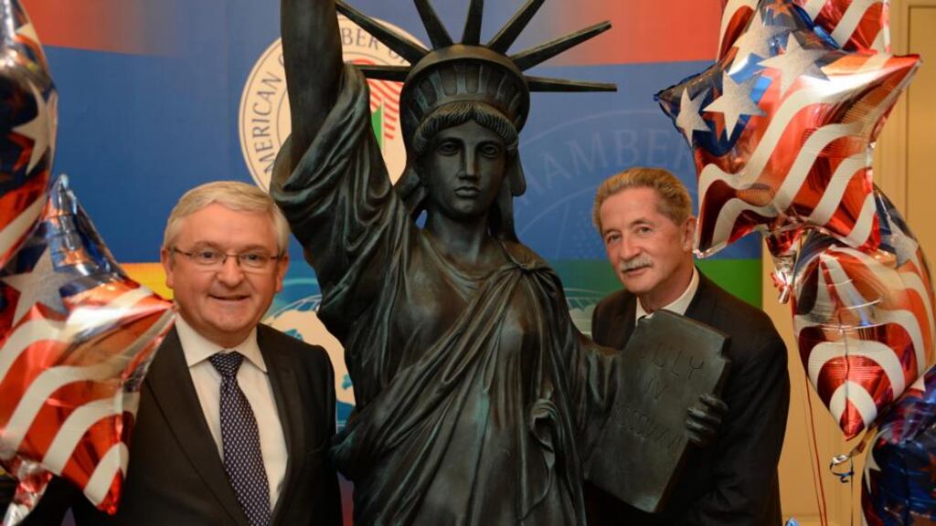 Peter Keegan, president of the the American Chamber of Commerce in Ireland, and guest speaker broadcaster and filmmaker Philip King at the annual Independence Day luncheon in the Four Seasons Hotel, Dubin yesterday. Photograph: Frank Miller