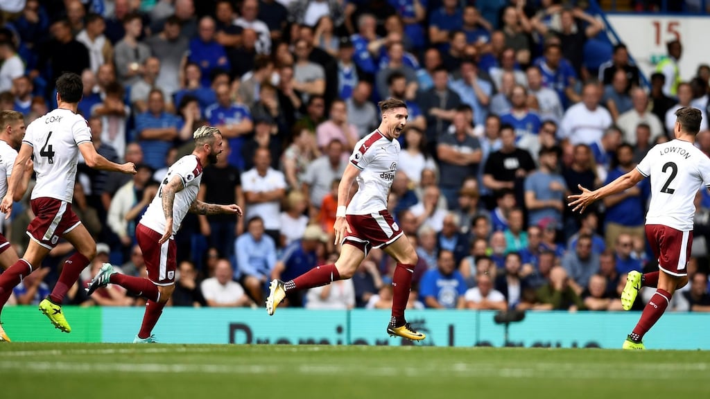 Burnley’s Stephen Ward celebrates his goal at Stamford Bridge. Photograph: Dylan Martinez/Reuters