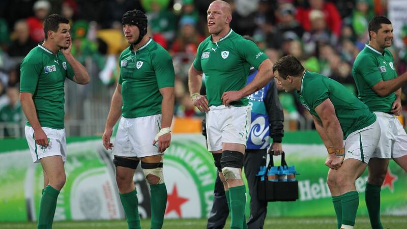 Ireland’s Jonathan Sexton, Stephen Ferris, Paul O’Connell and Cian Healy near the end of the 2011 Rugby World Cup quarter-final against Wales in Wellington. Photograph: Billy Stickland/Inpho