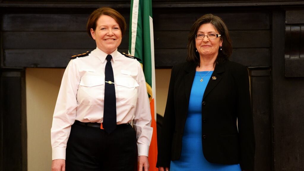Nóirín O’Sullivan, left, with Josephine Feehily, chairwoman of the Policing Authority, at the Royal Hospital Kilmainham. Photograph: Cyril Byrne