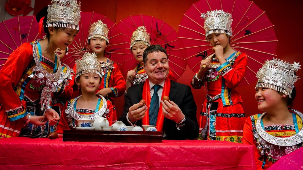 Minister for Finance Paschal Donohoe with children from the local Chinese community at the launch of Chinese New Year celebrations at the Hill Street Family Resource Centre in central Dublin. Photograph: Gareth Chaney/Collins