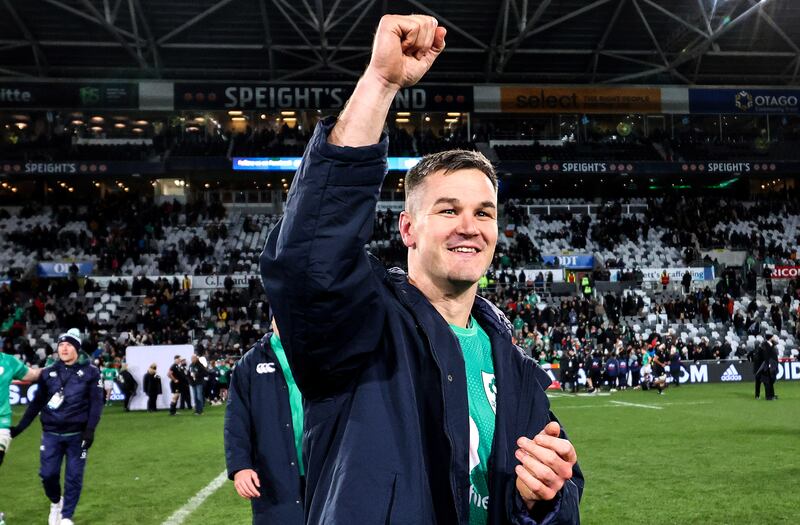 Ireland captain Johnny Sexton celebrates the victory over the All Blacks in Dunedin. Photograph: Billy Stickland/Inpho
