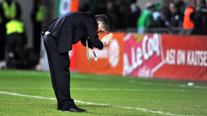 John Delaney thanks the Irish fans after the victory over Estonia in Tallinn. Photograph: Raigo Pajula/AFP via Getty Images