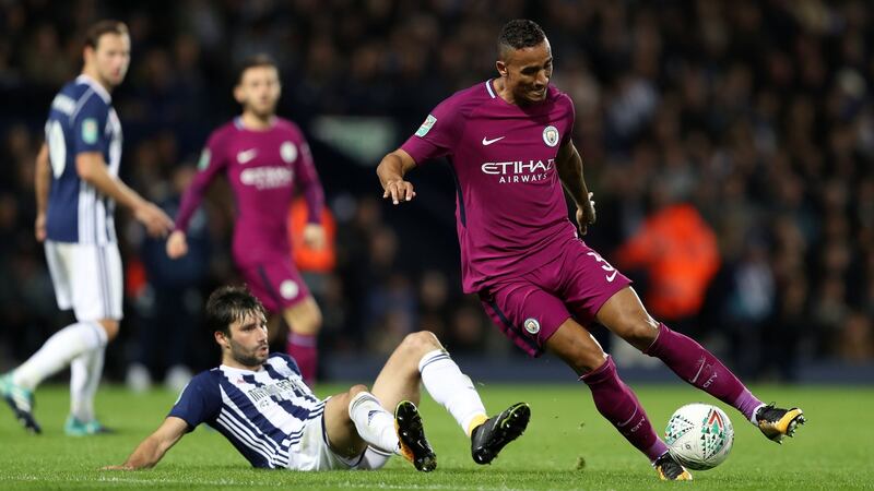 Danilo and West Bromwich Albion’s Claudio Yacob battle for the ball. Photograph: David Davies/PA Wire