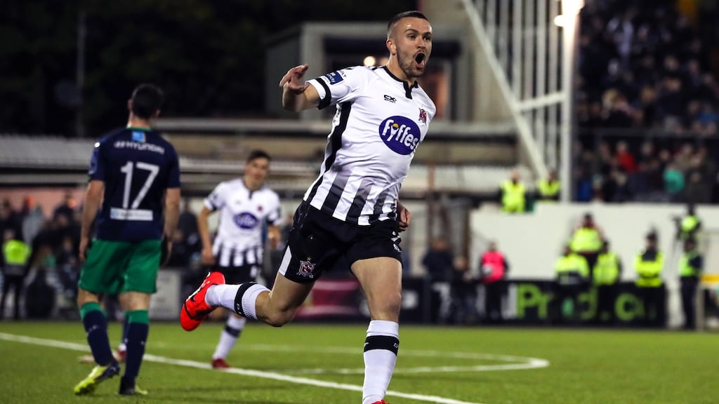 Dundalk’s Michael Duffy celebrates scoring their second goal during the SSE Airtricity League Premier Division game against Shamrock Rovers at  Oriel Park. Photograph: Ryan Byrne/Inpho