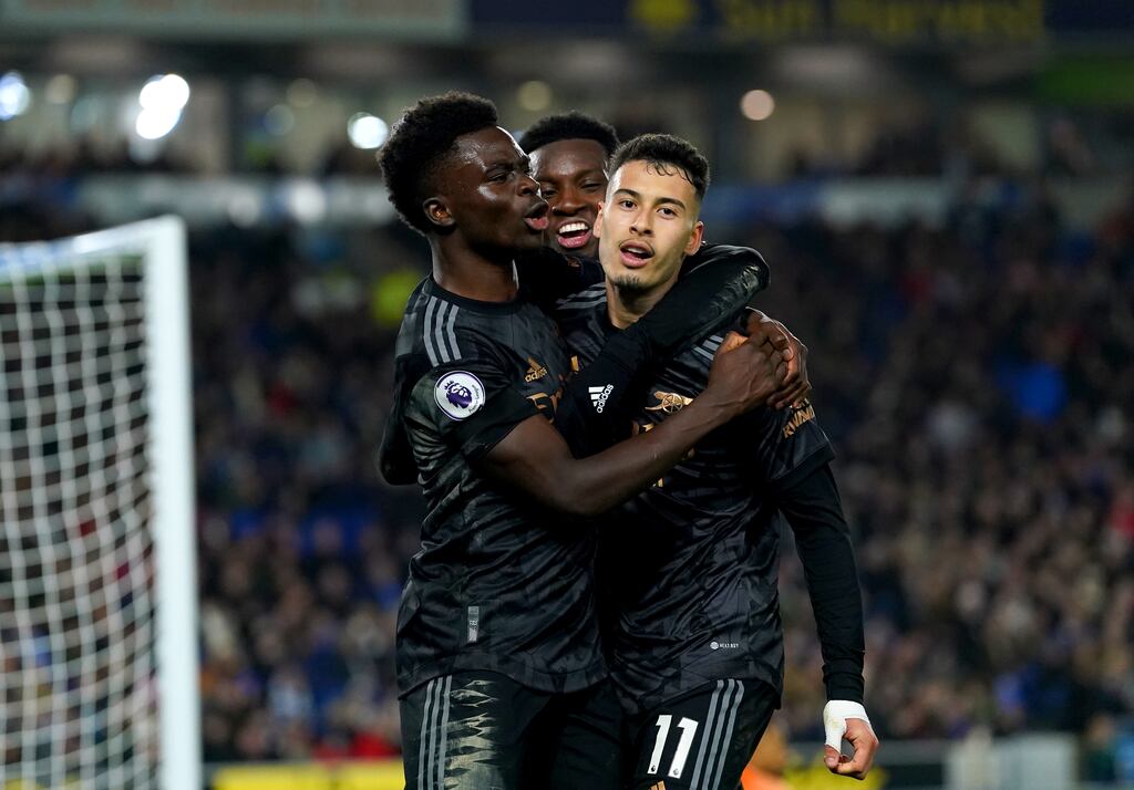 Arsenal's Gabriel Martinelli celebrates scoring his side's fourth goal. Photograph: Adam Davy/PA
