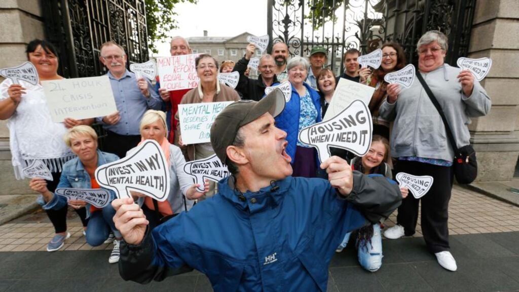 Mental health activists launch their campaign for mental health funding in the budget outside Leinster House on Tuesday. Photograph: Conor McCabe