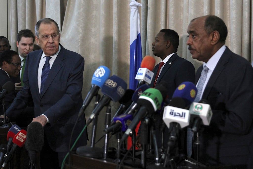 Russian foreign minister Sergei Lavrov (left) and Sudanese acting foreign minister Ali al-Sadiq (right) give a joint press conference at the airport in Khartoum, Sudan, earlier this month. Photograph: Marwan Ali/AP