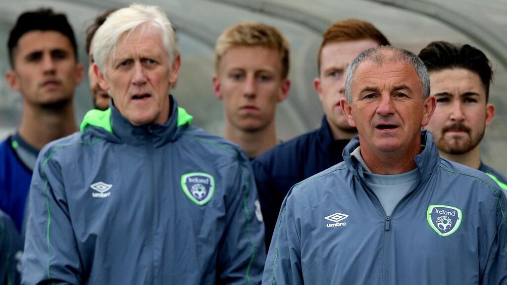 Republic of Ireland under-21 manager Noel King (right) is left with a huge task after the defeat to Lithuania. Photograph: Ryan Byrne/Inpho.