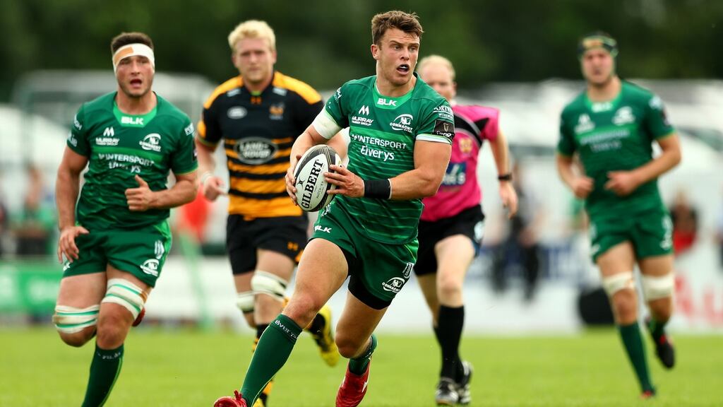 Connacht’s Tom Farrell makes a break against Wasps in a preseason friendly at Dubarry Park, Athlone, Co Westmeath, earlier this month. Photograph: James Crombie/Inho