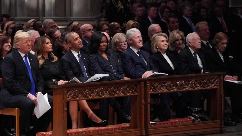 US President Donald Trump, First Lady Melania Trump; former president Barack Obama and Michelle Obama; former president Bill Clinton and Hillary Clinton; former president Jimmy Carter and Rosalynn Carter attend the state funeral of former US president George HW Bush at the Washington National Cathedral in Washington, DC on  December 5th Photograph: Mandel Ngan/AFP/Getty