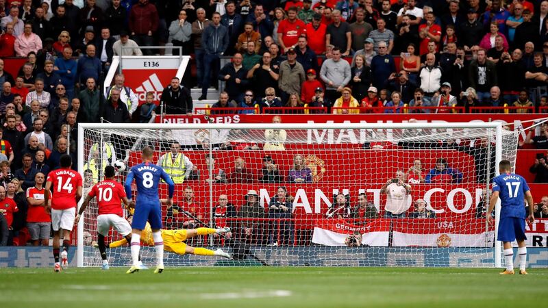 Rashford puts United ahead from the spot. Photo: Martin Rickett/PA Wire