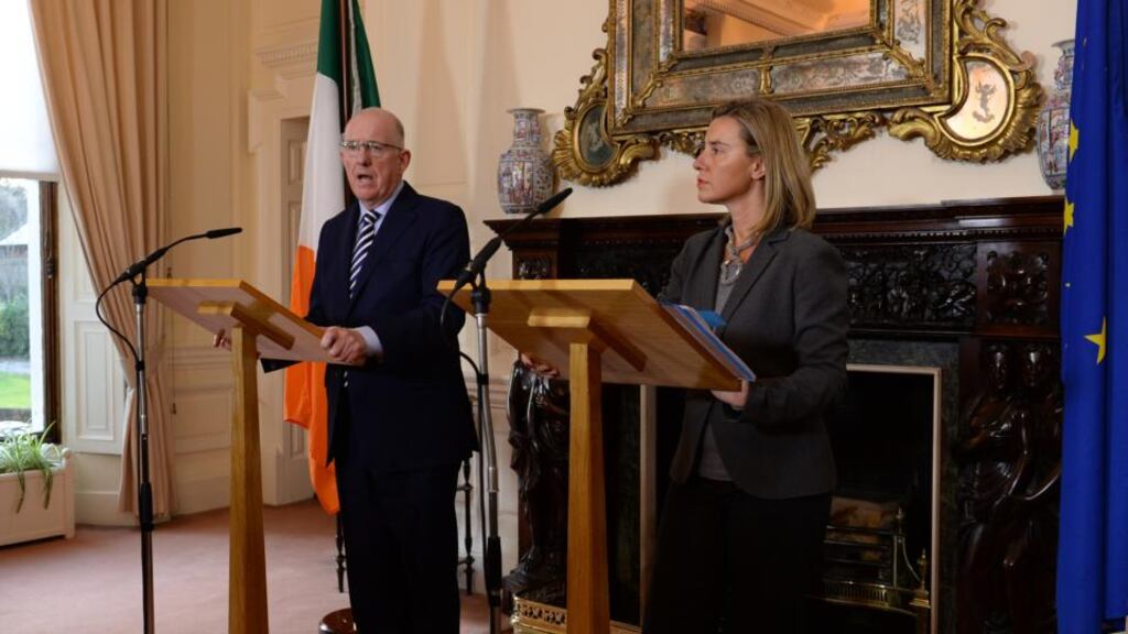 Minister for Foreign Affairs Charlie Flanagan with EU High Representative for Foreign and Security Policy and vice-president of the European Commission Federica Mogherini, at Iveagh House this week ahead of the conference of ambassadors which she addressed. – Photograph: Cyril Byrne / The Irish Times