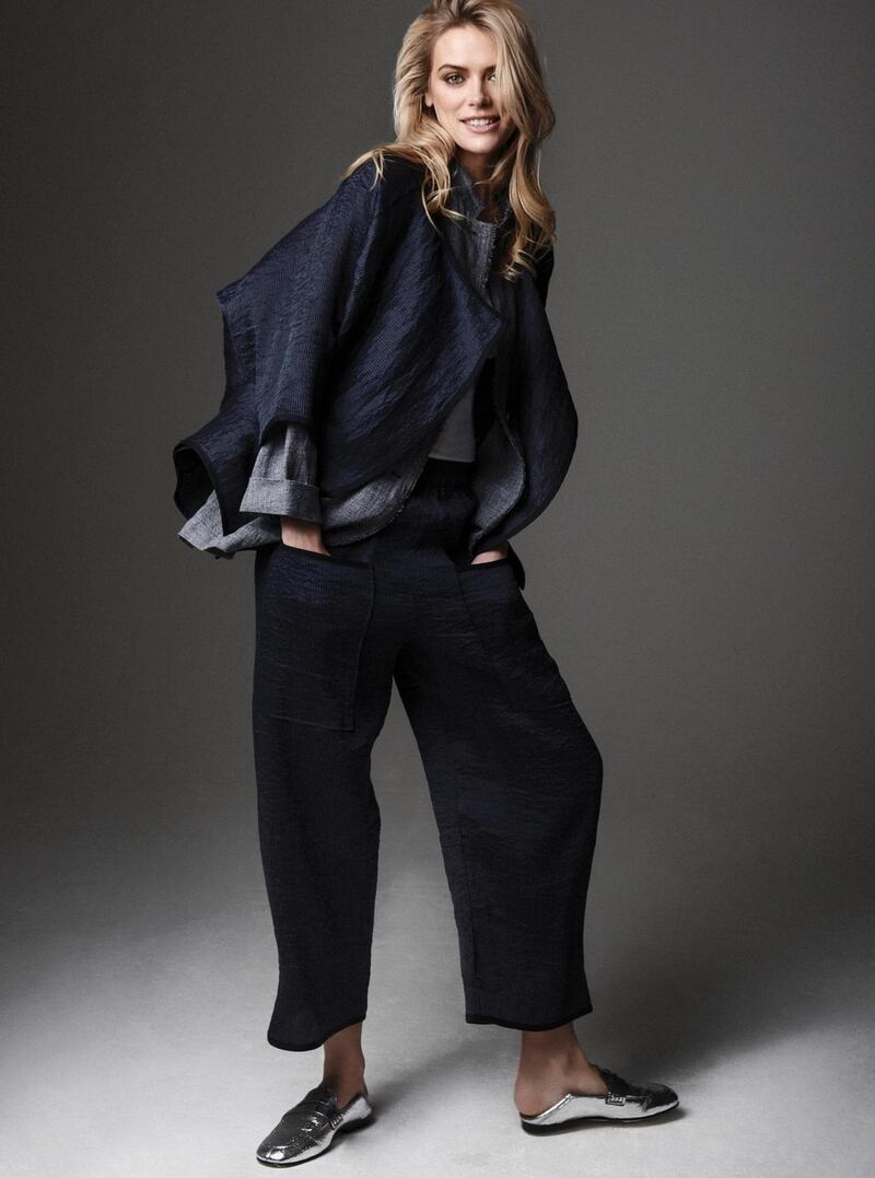 Navy oversized linen jacket €245 and grey linen jacket €295 both Oska, white cotton vest €36 Hanro