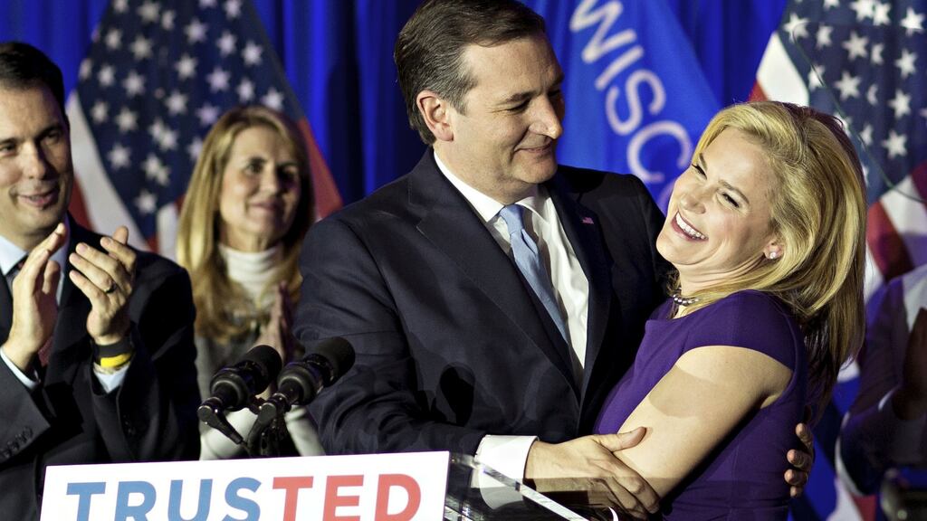 Ted Cruz embracing his wife Heidi Cruz during a campaign event in Milwaukee, Wisconsin, on Tuesday. He won 36 of the 42 nominee-choosing delegates in Wisconsin’s Republican primary. Photograph: Daniel Acker/Bloomberg