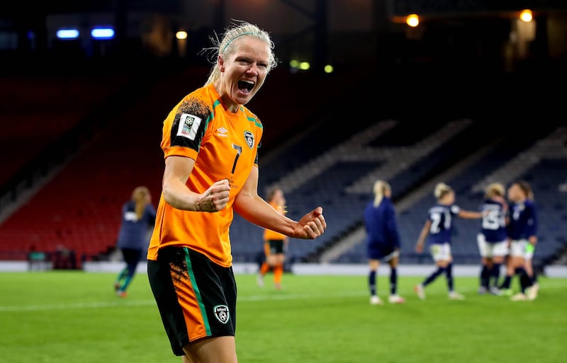 Diane Caldwell celebrates after Ireland beat Scotland during the World Cup play-offs. Photograph: Ryan Byrne/Inpho