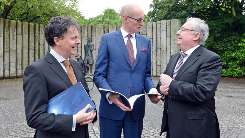 From left: Gerard O’Neill, Chairman Amárach Research, Magnus Ternsjo, Chief Executive UPC, and Minister for Communications Pat Rabbitte, at the launch of the UPC Report on Ireland’s Digital Future. Photograph: Eric Luke