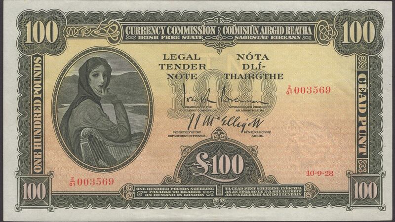 A rare, near perfect £100 Irish Free State note from 1928 sold for £39,680 (€47,476) through Dix Noonan Webb, includes fees