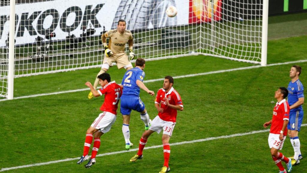 Chelsea’s Branislav Ivanovic scores the winning goal past Benfica’s goalkeeper Artur during their Europa League final at the Amsterdam ArenaA. Photograph: Michael Kooren/Reuters