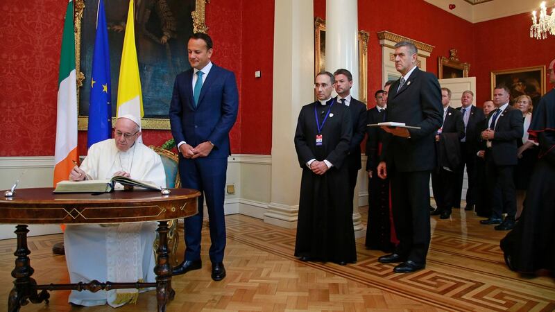 Pope Francis and the Taoiseach Leo Varadkar at Dublin Castle. Photograph: Nick Bradshaw/The Irish Times