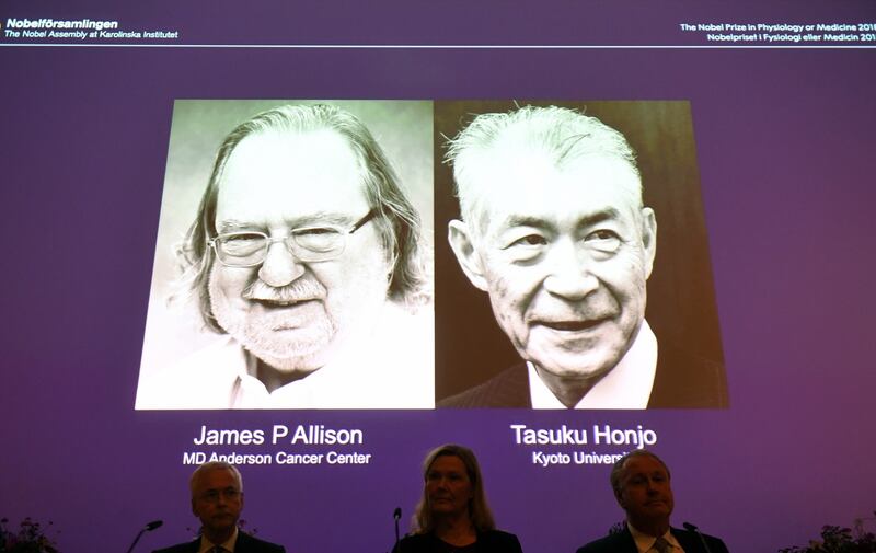 Nobel laureates: James Allison and Tasuku Honjo’s discoveries led to new approaches in harnessing the immune system to fight cancer. Photograph: Fredrik Sandberg/EPA