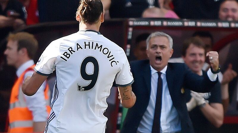 Manchester United’s Zlatan Ibrahimovic celebrates scoring their third goal manager Jose Mourinho. Photo: Hannah McKay/Reuters