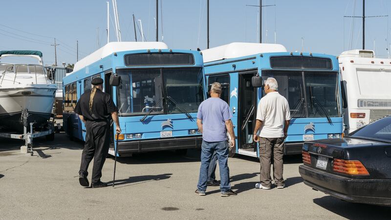 Leap buses being auctioned off: the firm which charged riders $6 to cross San Francisco in technological luxury failed this year. Photograph: Jason Henry