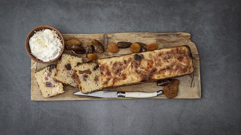 Warm potato terrine with smoked bacon and dried fruit. Photograph: Harry Weir Photography