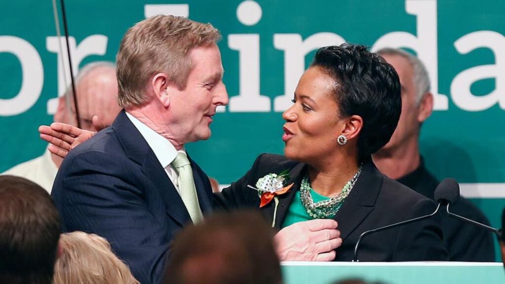 Sen Linda Dorcena Forry thanks Enda Kenny after the Taoiseach spoke at the annual St Patrick’s Day breakfast in Boston. Photograph: AP Photo/Michael Dwyer