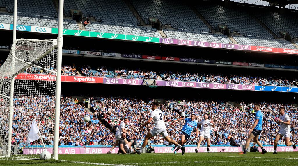 Cormac Costello fires home Dublin's third goal during the Leinster final victory over Kildare at Croke Park. Photograph: Ryan Byrne/Inpho