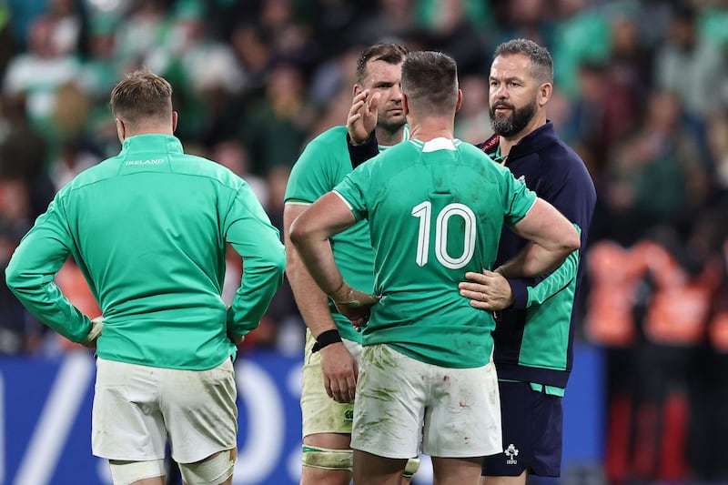 Ireland's head coach Andy Farrell speaks with Johnny Sexton after the devastating Rugby World Cup quarter-final defeat to New Zealand at the Stade de France. Photograph: Franck Fife/AFP/Getty Images