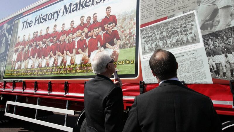 Kevin Mussen and Paddy ‘Mo’ Doherty, captains of the 1960 and 1961 Down All-Ireland winning teams. Photograph: Mark Pearce/Inpho/Presseye