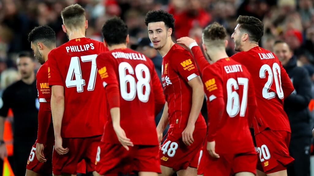 Liverpool’s Curtis Jones celebrates scoring against Everton in the FA Cup third round match at Anfield. Photograph: PA