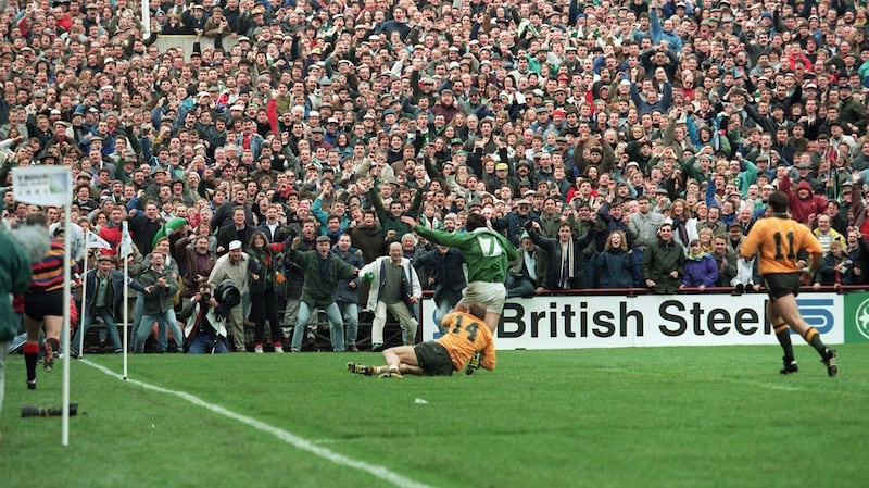 Gordon Hamilton sdives over to level the game. Photo: Billy Stickland/Inpho