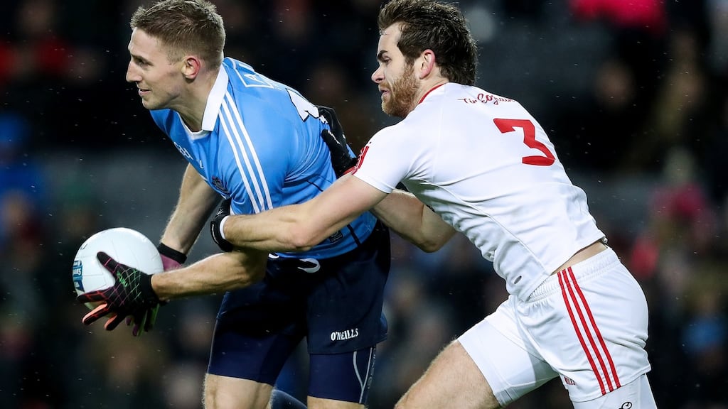 Dublin’s Eoghan O’Gara with Ronan McNamee of Tyrone during their Allianz Football League Division 1 clash at Croke Park. Photo: Tommy Dickson/Inpho