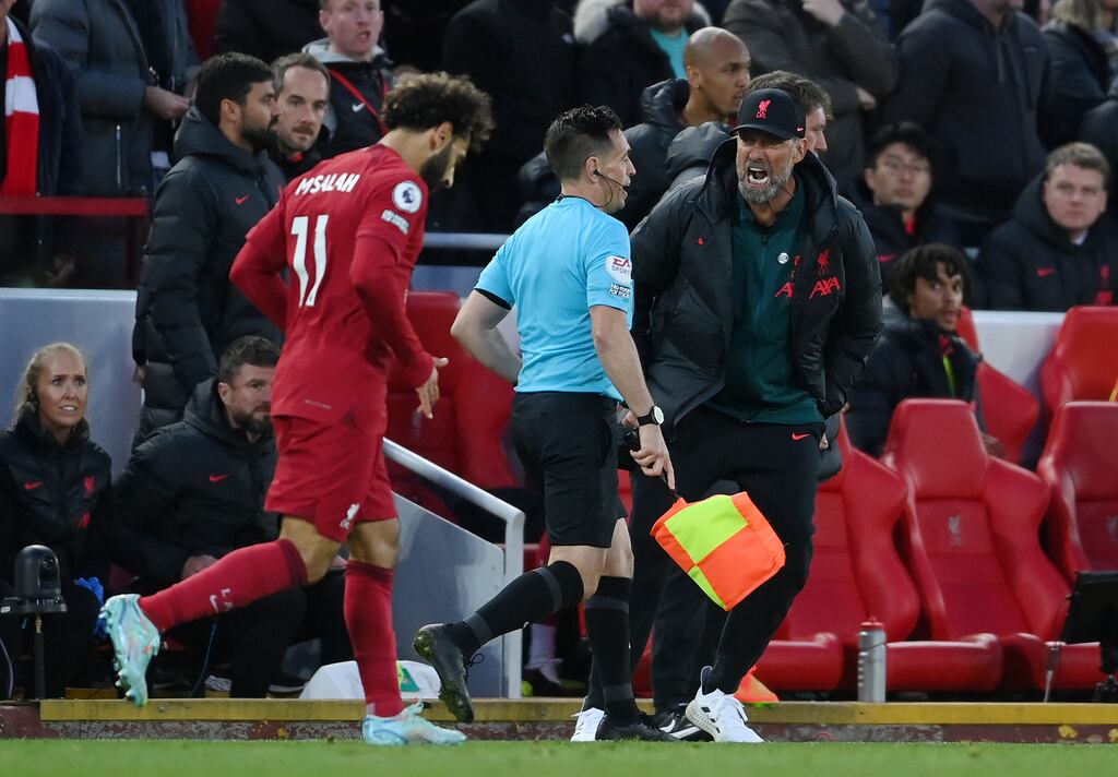 Liverpool manager Jurgen Klopp erupts in anger at the linesman during Sunday's clash between Liverpool and Manchester City at Anfield. Photograph: Getty Images