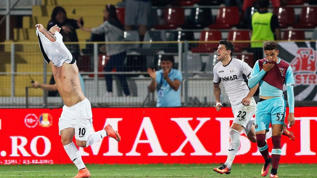 FC Astra Giurgiu’s Denis Alibec celebrates scoring his team’s equaliser against West Ham. Photograph: John Sibley/Reuters