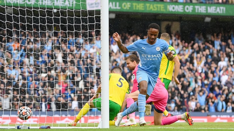 Raheem Sterling was on the scoresheet for Man City as they thrashed Norwich. Photograph: Michael Regan/Getty