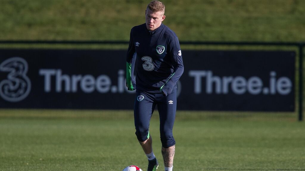 James McClean during training on Wednesday: the decision to let him and John O’Shea  take things relatively easy was described as “precautionary”.  Photograph: Gary Carr/Inpho