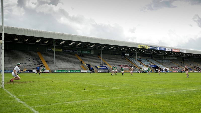 Shelmaliers’ Ross Banville scores a penalty at an empty Wexford Park. Photograph: Laszlo Geczo/Inpho