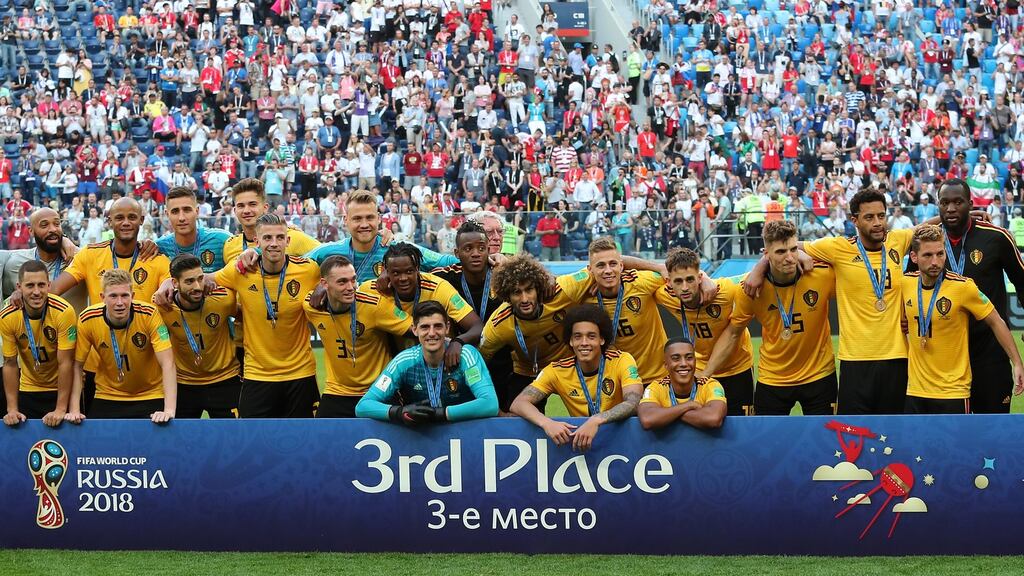 The Belgium squad after their third-place play-off win over England. Photograph: Georgi Licovski/EPA