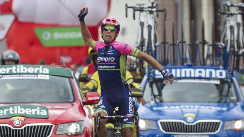 Lampre-Merida’s Portuguese cyclist Nelson Oliveira celebrates winning the 13th Stage of the Vuelta a Espana, a 178km route between Calatayud and Tarazona. Photograph: Jaime Reina/AFP/Getty Images