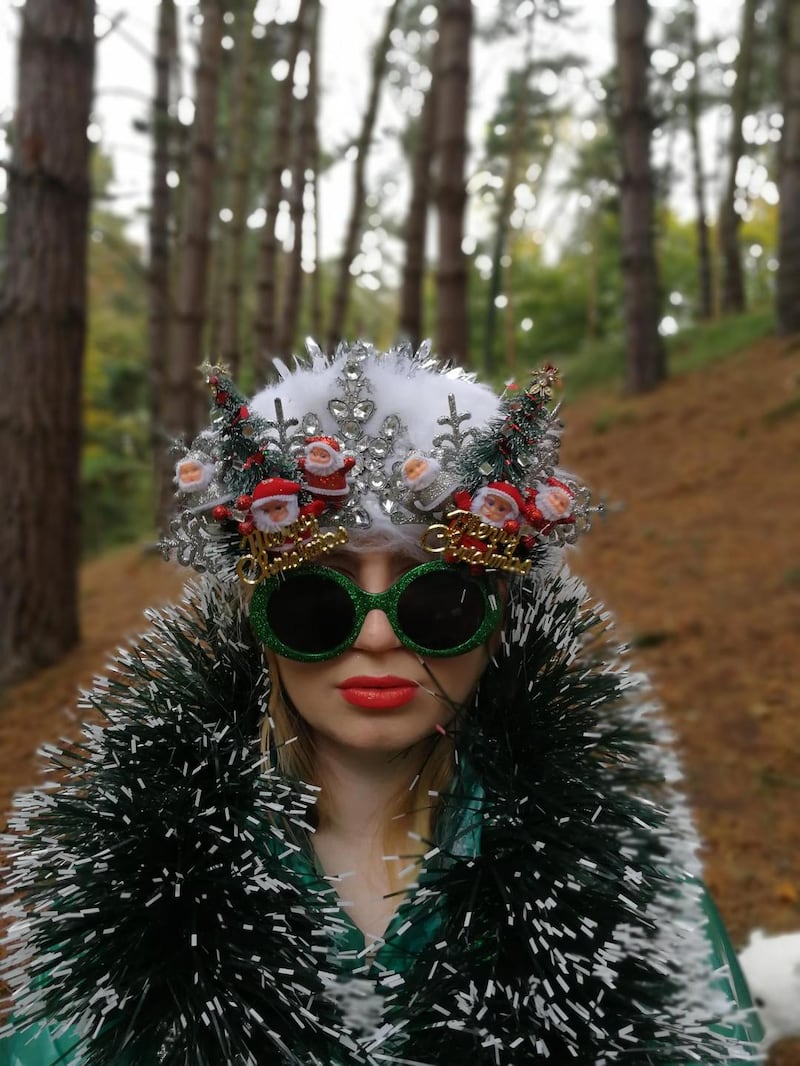 Jen Nollaig: ‘This was made using an old raincoat which I then layered with faux fur, tinsel and covered in glitter stars’. Photograph: Edward Keegan