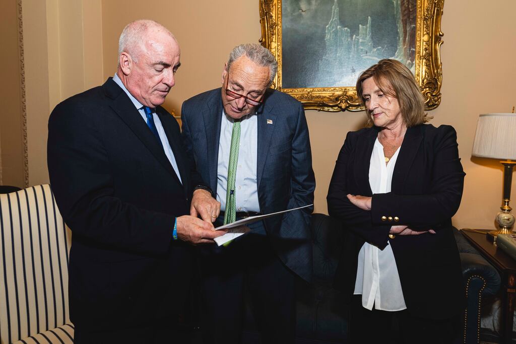 Ciarán Staunton, US senate majority leader Chuck Schumer and Orlaith Staunton at Capitol Hill in Washington, DC on Wednesday. Photograph: Senator Chuck Schumer/X