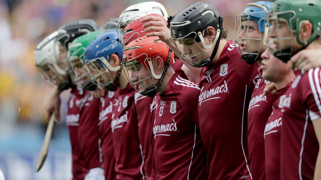 Galway players line up ahead of this year’s Leinster SHC final against Kilkenny at Croke Park. Photograph: Morgan Treacy/Inpho.